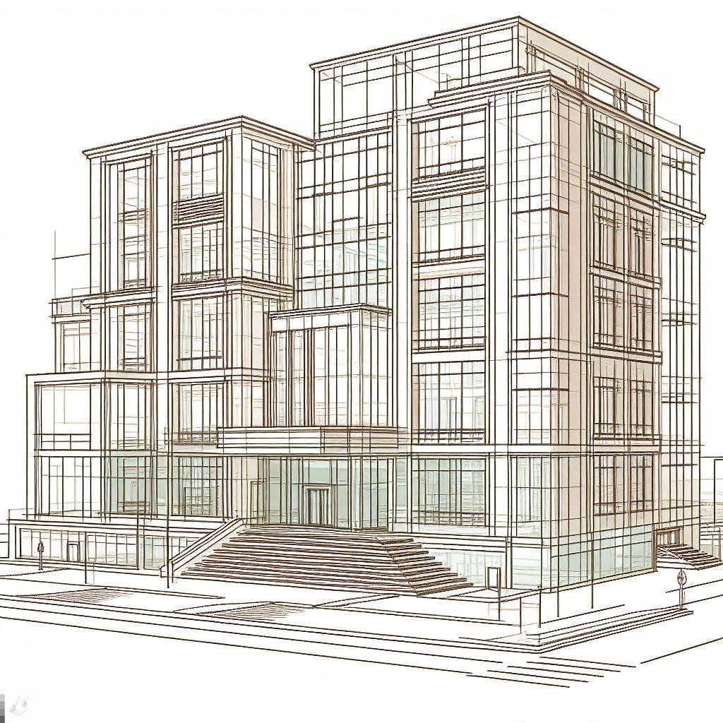 Boceto de un edificio construido con líneas verticales y perpendiculares.